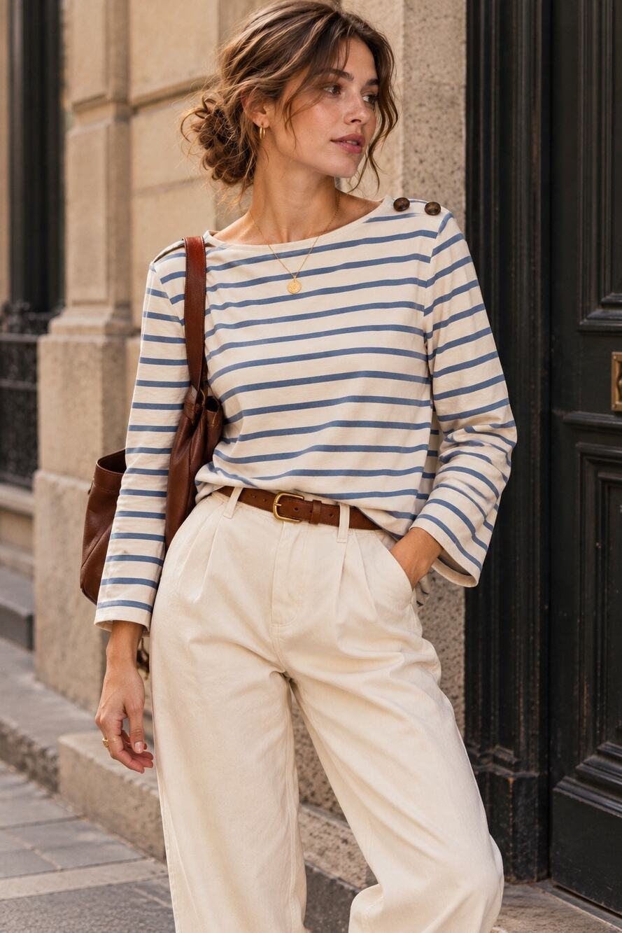 Sezane Colette Parisian Blue Striped Cotton Long Sleeve Top Size Large